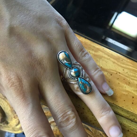 Spiny Turquoise Sterling Silver Ring Size 7 - Picture 2 of 8